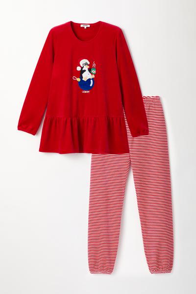 Woody Kerst Pinguïn Pyjama dames velours